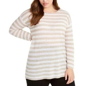 Eileen Fisher Sweater Orangic Linen Cotton Stripe Tan White Lg Coastal